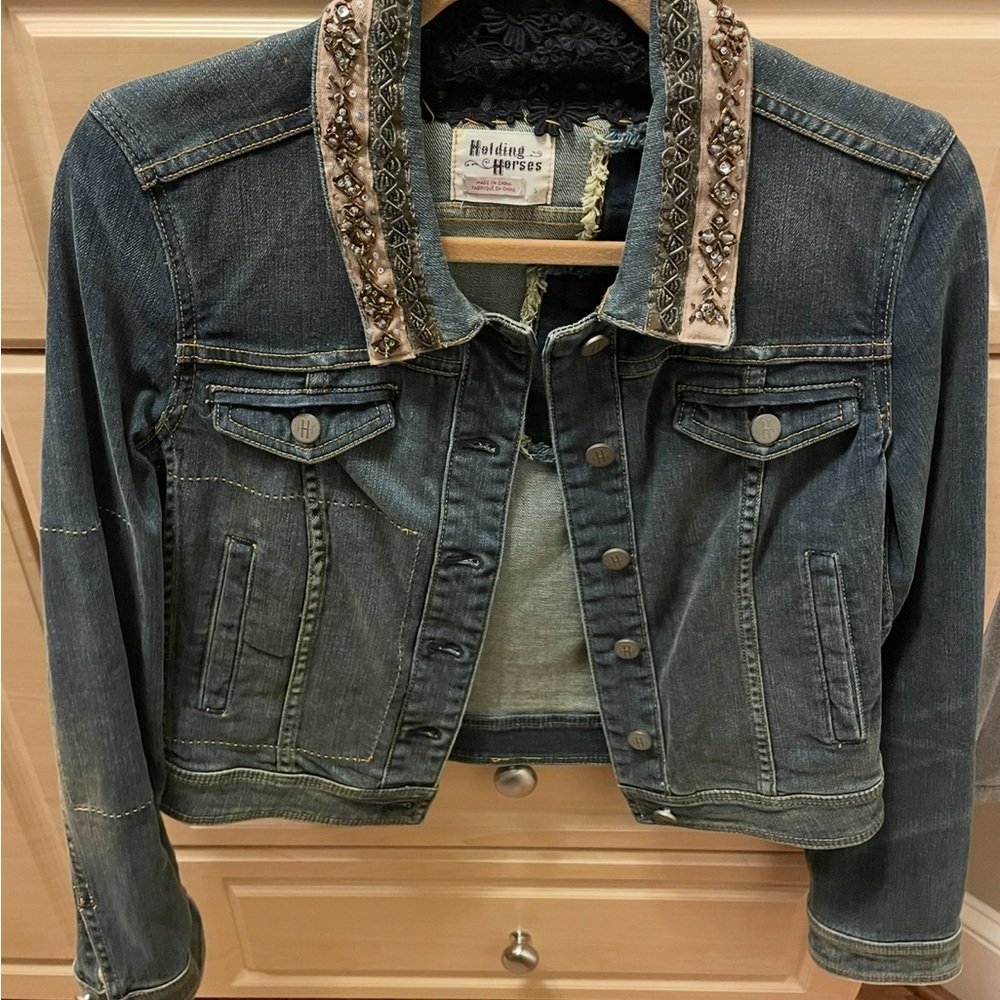 Anthropologie Denim Jacket with Embellished Collar